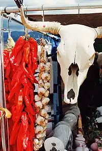 Image 44Symbols of the Southwest: a string of dried chile pepper pods (a ristra) and a bleached white cow's skull hang in a market near Santa Fe. (from New Mexico)