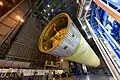 The completed SLS liquid hydrogen tank structural test article in the South Vertical Assembly Building, December 2018