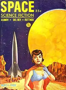 A skimpily dressed woman on a rocky planet, with a rocket ship in the distance and two planets visible overhead