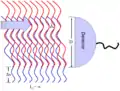 Figure 9: A wave with infinite coherence area is combined with a spatially shifted copy of itself. Some sections in the wave interfere constructively and some will interfere destructively. Averaging over these sections, a detector with length D will measure reduced interference visibility. For example, a misaligned Mach–Zehnder interferometer will do this.