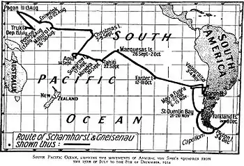 Map of depicting various pacific islands and the dates at which Spee arrived at them.