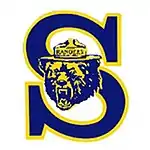 A ferocious grizzly, ready to strike, downs a ranger's cap in front of a block-lettered S.