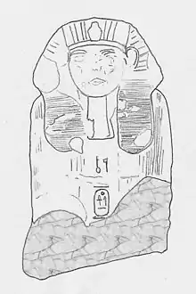 Drawing of a sphinx of Mentuhotepi, bearing the prenomen Seankhenre between the legs