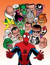 Spider-Man in front of multiple characters' heads.