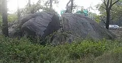 A photograph of a large rock, about the size of a small truck, that has a large fissure in the middle. The rock is surrounded by trees and other vegetation.