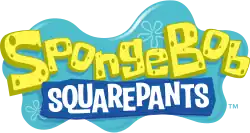 The brand logo. It features the word "SpongeBob" written in a yellow sponge-like font, with the word "SquarePants" written below in a white font on a blue wooden board. A light blue splash of water is behind the words.