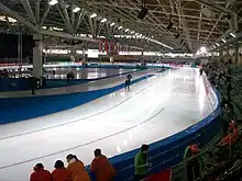 Inside the speed skating oval during 2008–09 ISU Speed Skating World Cup in Berlin in 2008.