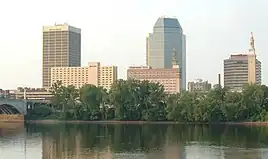 Springfield's Skyline, with the Tower Square at the left; and the Monarch Place at the right (the tallest building in Massachusetts outside of Boston)