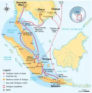 The maximum extent of Srivijaya around the 8th to the 11th century with a series of Srivijayan expeditions and conquest