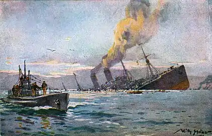 Sinking of an enemy ship by a German "U-boat" in 1917. In addition to submarine warfare, submersible vessels have had all sorts of uses, including mail, the oceanography or polar exploration.