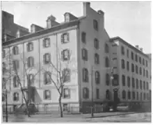 Black and white three-quarter view of St. Vincent's Orphan Asylum building