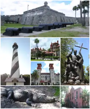 Top, left to right: Castillo de San Marcos, St. Augustine Light, Flagler College, Lightner Museum, statue near the Cathedral Basilica of St. Augustine, St. Augustine Alligator Farm Zoological Park, Old St. Johns County Jail