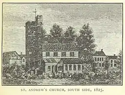 Drawing of the church from 1825, prior to its expansion and addition of the second tower