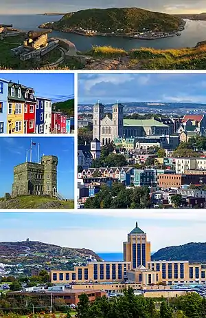 From top, left to right: Sunset from Signal Hill, Row Houses, Cabot Tower on Signal Hill, the Basilica of St. John the Baptist, the Confederation Building