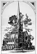 Architect's perspective of the third building published in 1894, showing the unbuilt steeple.