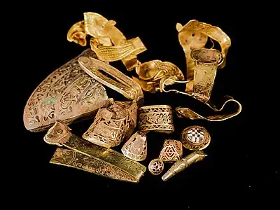 Image 5The Staffordshire Hoard is the largest hoard of Anglo-Saxon gold and silver metalwork yet found[update]. It consists of almost 4,600 items and metal fragments. (from Culture of England)