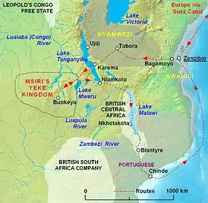 Map showing Msiri's kingdom, with Bunkeya as capital, and the route taken by the Stairs Expedition of 1891 / 1892