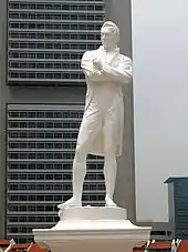 Image 21A statue of Raffles by Thomas Woolner now stands in Singapore, near Raffles's landing site in 1819. (from History of Singapore)