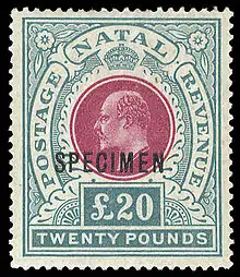 Natal, 1902: Specimen for a £20 stamp