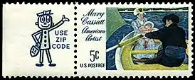 Mr. ZIP on a stamp sheet margin (not a label!). A US postage stamp (1966) featuring "The Boating Party" painted by Mary Cassatt in 1893–1894