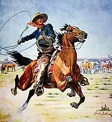 Au milieu d'une prairie, des vaches broutant en arrière plan, un cheval est lancé au grand galop. Son cavalier équipé d'un chapeau en cuir, d'un bandana rouge, d'une chemise bleue et de longue chaps en cuir, fait tourner son lasso.