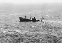 Image 52A liberty ship sinking after being attacked by I-21 near Port Macquarie in February 1943 (from Military history of Australia during World War II)