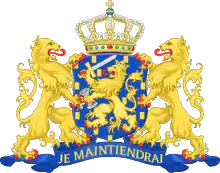 Azure, billetty Or a lion with a coronet Or armed and langued Gules holding in his dexter paw a sword Argent hilted Or and in the sinister paw seven arrows Argent pointed and bound together Or. [The seven arrows stand for the seven provinces of the Union of Utrecht.] The shield is crowned with the (Dutch) royal crown and supported by two lions Or armed and langued gules. They stand on a scroll Azure with the text (Or) "Je Maintiendrai" (French for "I will maintain".)