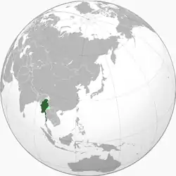 British Burma during World War IIDark green: Japanese occupation of BurmaLight silver: Remainder of British BurmaLight green: Occupied and annexed by Thailand