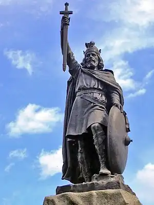 Image 35King Alfred the Great statue in Winchester, Hampshire. The 9th-century English king encouraged education in his kingdom, and proposed that primary education be taught in English, with those wishing to advance to holy orders to continue their studies in Latin. (from Culture of the United Kingdom)