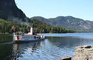 View of the SS Bjoren on the lake Byglandsfjorden, on its way to Byglandsfjord