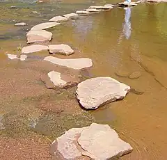 A rustic stepping stone bridge across a stream.