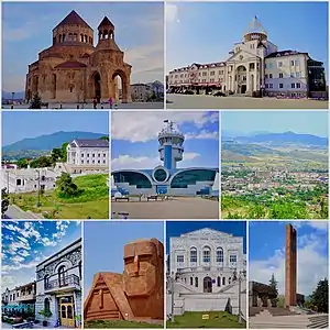 From top left: Holy Mother of God Cathedral Renaissance Square • Downtown Stepanakert Stepanakert Airport •  Stepanakert skyline Park Hotel Artsakh  • We Are Our Mountains Artsakh University
 • Victory Monument