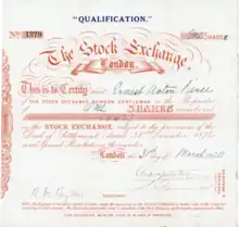 Stock certificate of the London Stock Exchange, issued on 31 March 1920, declared as a qualification share. The capital of the Exchange from its incorporation consisted of 20,000 shares held only by its members, with trustees and directors required to hold 10 qualification shares.