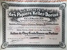 Société des Papiers Keller Dorian certificate