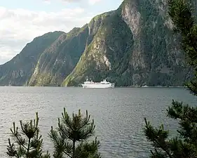 Cruise ship on Storfjorden seen from Stranda