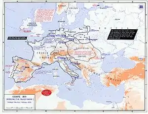 Map of Europe showing French armies in Southern Germany and Austrian armies assembling to the southeast.