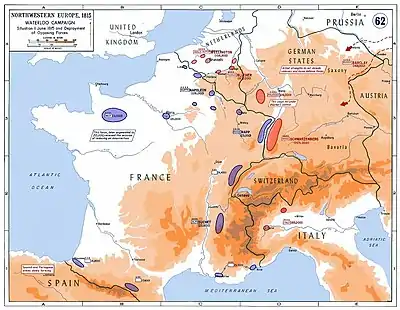 Strategic situation in Western Europe in 1815 : 250,000 Frenchmen faced a coalition of about 850,000 soldiers on four fronts. In addition, Napoleon was forced to leave 20,000 men in Western France to reduce a royalist insurrection.