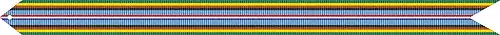 A multicolored streamer with (from outer to inner) green, yellow, brown, black, light blue, dark blue, white, and red horizontal stripes