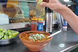 Red pozole, served in Oaxaca de Juárez