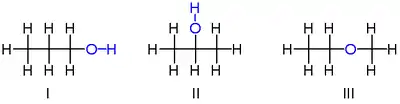 Structural isomers of C3H8O: I 1-propanol, II 2-propanol, III ethyl-methyl-ether.