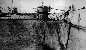 The German submarine U-977 moored at Mar del Plata following her surrender to the Argentine Navy in August 1945.