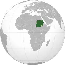 Map of Sudan in dark green, contested areas light green