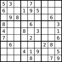 A sudoku 9x9 grid, some with a number filled in them.