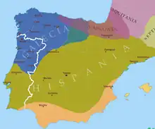 Image 7Iberian Peninsula c. 560. Suebi territory with its capital in Braga (blue); Visigothic territory with its capital in Toledo (green) (from History of Portugal)