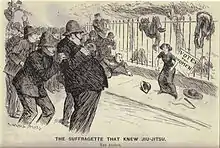 The Suffragette that Knew Jiu-Jitsu. The Arrest. (Edith Margaret Garrud) By Arthur Wallis Mills, originally published 1910 for Punch Magazine and The Wanganui Chronicle.