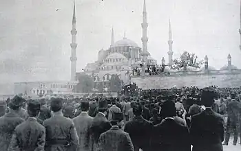 Public demonstration in Istanbul on 23 May 1919 in protest of the Occupation of İzmir, with Sultanahmet Mosque in the background.