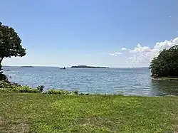 Looking due south to The Nubbin (left of center) and Sturdivant Island from the Sunset Point cove