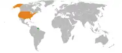 Map indicating locations of Suriname and USA