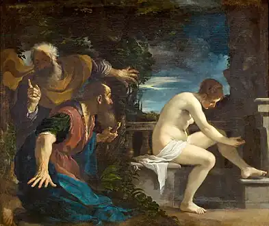 Susanna and the Elders (1617, oil on canvas, 176 × 208 cm, Museo del Prado, Madrid, Spain) was painted in Bologna for Cardinal Alessandro Ludovisi, the future Pope Gregory XV. The dramatic dynamism of this early work contrasts with the studied classicism of the artist's later depiction of the same story in 1649–1650.