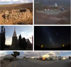 Top left: Fort Steenbok, a fortification from the Second Boer War. Top right: an aerial view of the South African Astronomical Observatory. Middle left: the main church in the town centre. Middle right: a view of the stars in the nights sky in Sutherland. Bottom: a panoramic view of the town centre facing away from the main church.